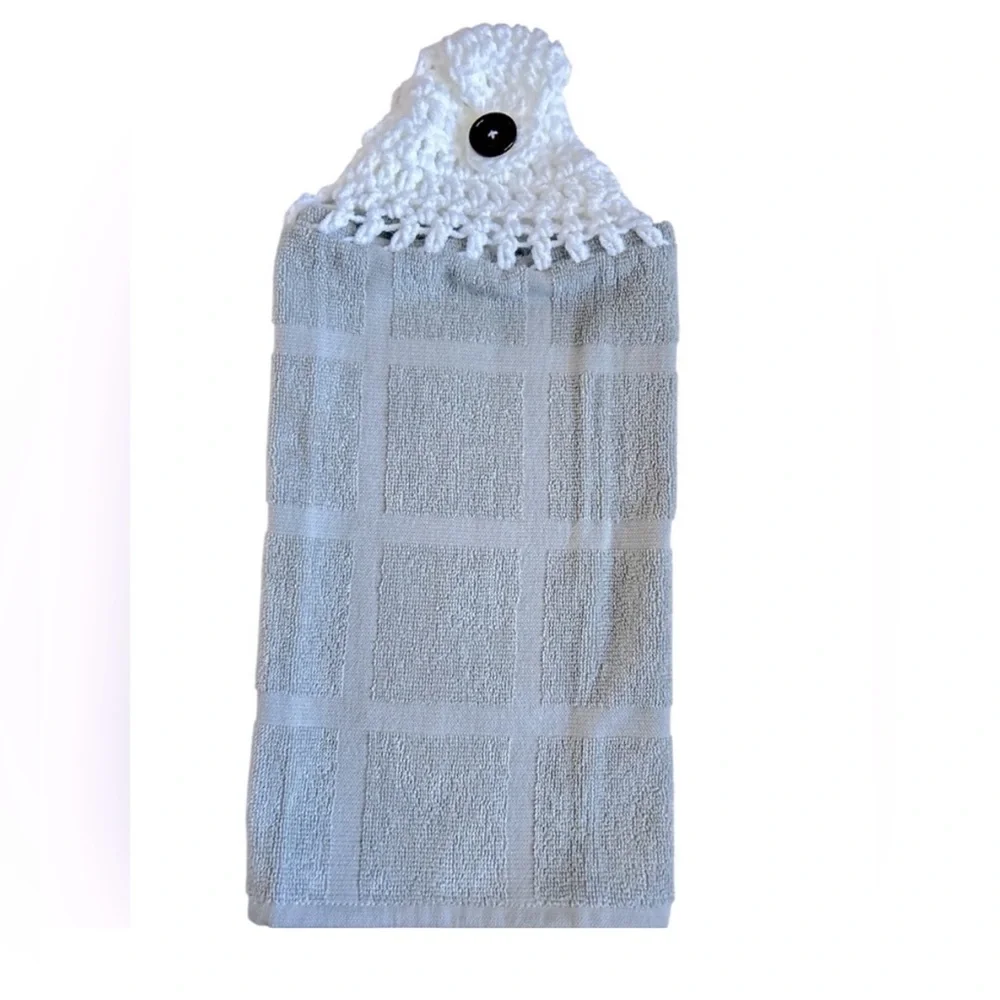 Hand Crafted Gray and White Hanging Kitchen Hand Towels Crochet Top